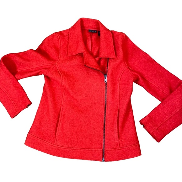 Tahari jacket wool blend biker jacket asymmetrical zip red/orange pockets SZ M - Picture 2 of 10